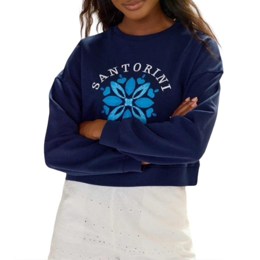 Francesca’s Santorini Cropped Long Sleeve Sweatshirt Large Greece Crewneck Light